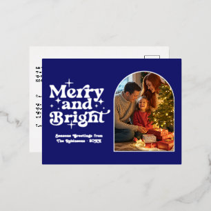 Midnight Blue & Silver Merry & Bright Retro Xmas Folien Feiertagspostkarte