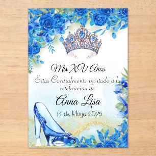 Midnight Blue Slipper und Crown Quinceñera Invite Acryleinladungen