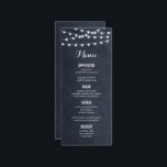 Midnight Blue String Lights Wedding Menu Card Menükarte<br><div class="desc">Moderne Hochzeitskarte mit schlichter, eleganter Linienleuchte, die über das Oberteil hängt und eine elegante Mischung aus modernen und kalligraphischen Script-Schriftart auf einem Imitat mit Aquarelltextur. Ein schlichtes und stilvolles Design, perfekt für den Sommer! Klicken Sie auf die Schaltfläche IT CUSTOMIZE, um Schriftart anzupassen, Text zu verschieben und Ihr eigenes einzigartiges...</div>