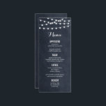 Midnight Blue String Lights Wedding Menu Card Menükarte<br><div class="desc">Moderne Hochzeitskarte mit schlichter, eleganter Linienleuchte, die über das Oberteil hängt und eine elegante Mischung aus modernen und kalligraphischen Script-Schriftart auf einem Imitat mit Aquarelltextur. Ein schlichtes und stilvolles Design, perfekt für den Sommer! Klicken Sie auf die Schaltfläche IT CUSTOMIZE, um Schriftart anzupassen, Text zu verschieben und Ihr eigenes einzigartiges...</div>