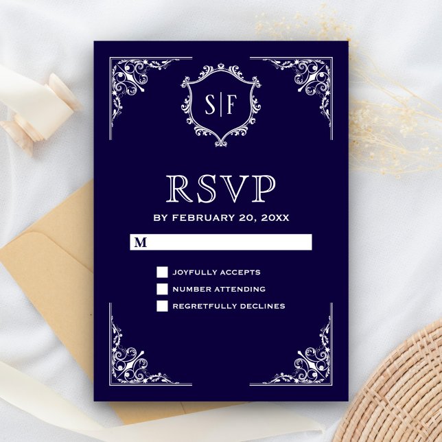 Midnight Blue Verziert Monogram UAWG RSVP Karte (Von Creator hochgeladen)
