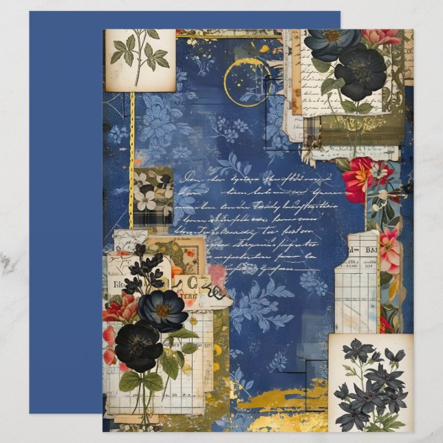 Midnight Blue Vintage Floral Scrapbook Paper (Vorne/Hinten)