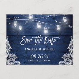 Midnight Blue Wood Mason Jar Light Save the Date Ankündigungspostkarte