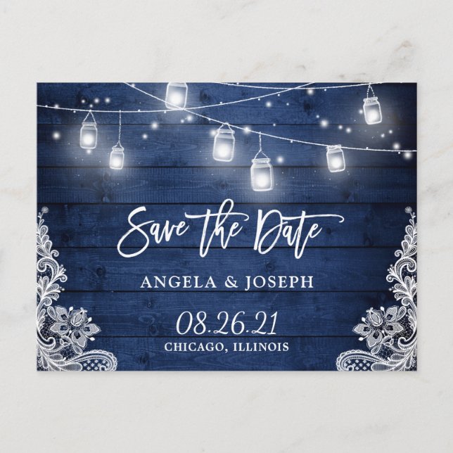 Midnight Blue Wood Mason Jar Light Save the Date Ankündigungspostkarte (Vorderseite)