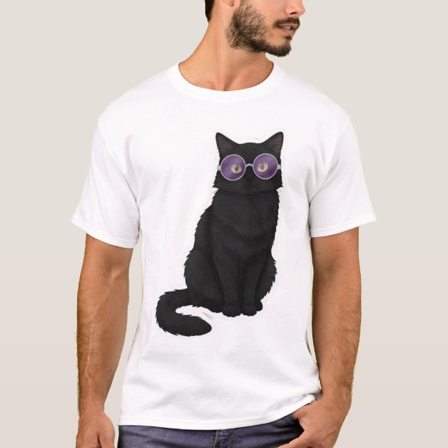 Midnight Cat with Purple Glasses T-Shirt (Vorderseite)