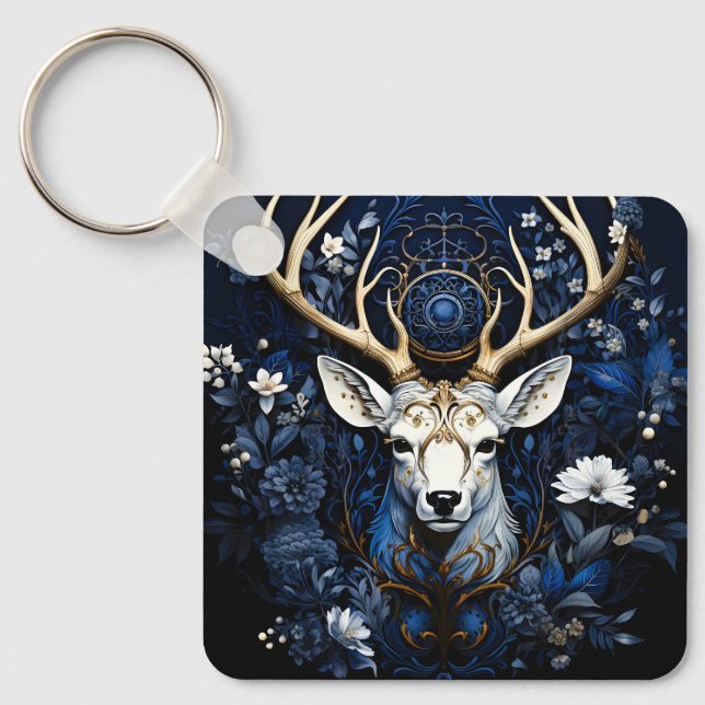 Midnight Celestial Floral Gothic Deer Schlüsselanhänger (Vorderseite)