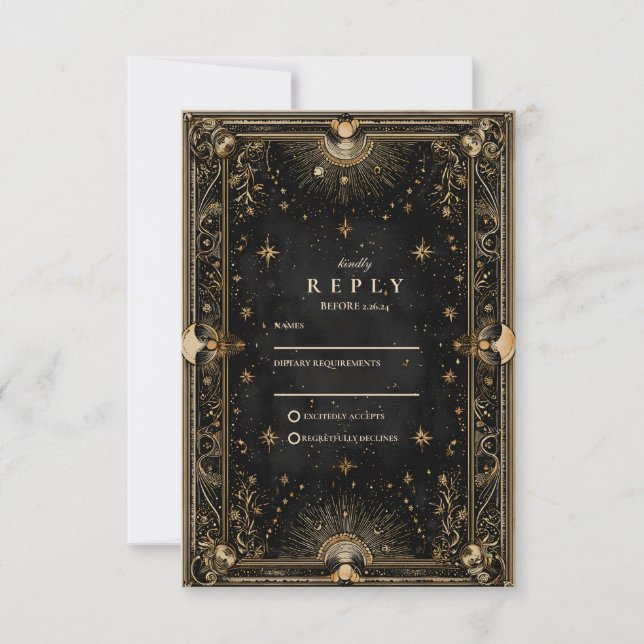 Midnight Celestial Luxe Wedding RSVP Karte (Vorderseite)