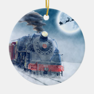 Midnight Christmas Train with Girl and Santa Keramikornament