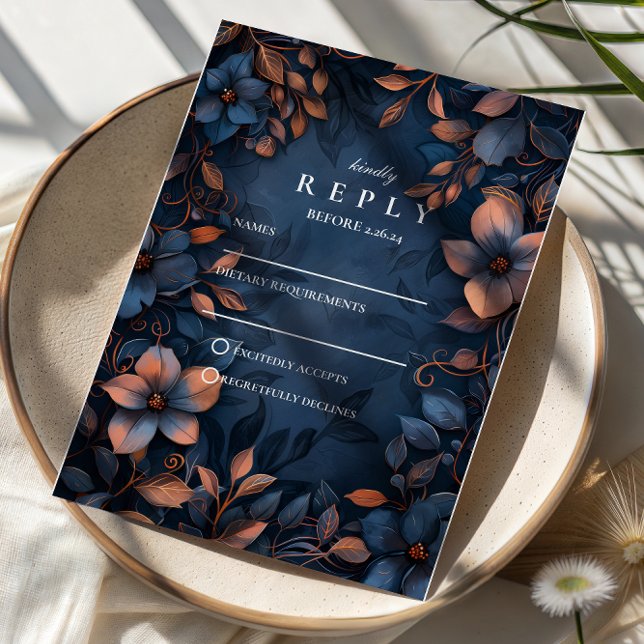 Midnight Copper Floral Wedding RSVP Karte (Von Creator hochgeladen)