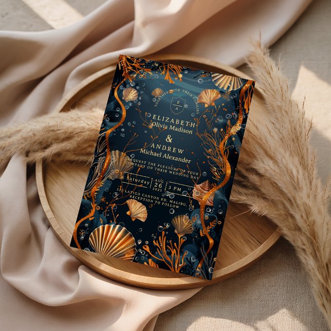 Midnight Deep Sea Gold Nautical Wedding Einladung (Von Creator hochgeladen)