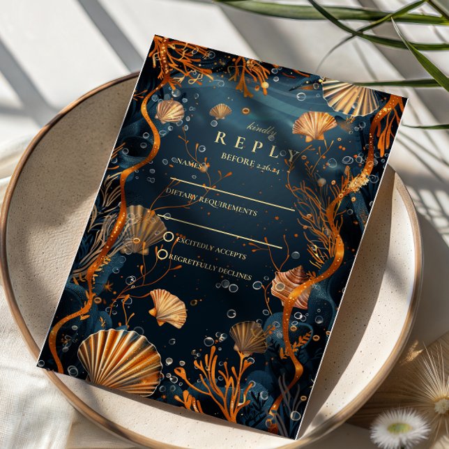 Midnight Deep Sea Gold Nautical Wedding RSVP Karte (Von Creator hochgeladen)