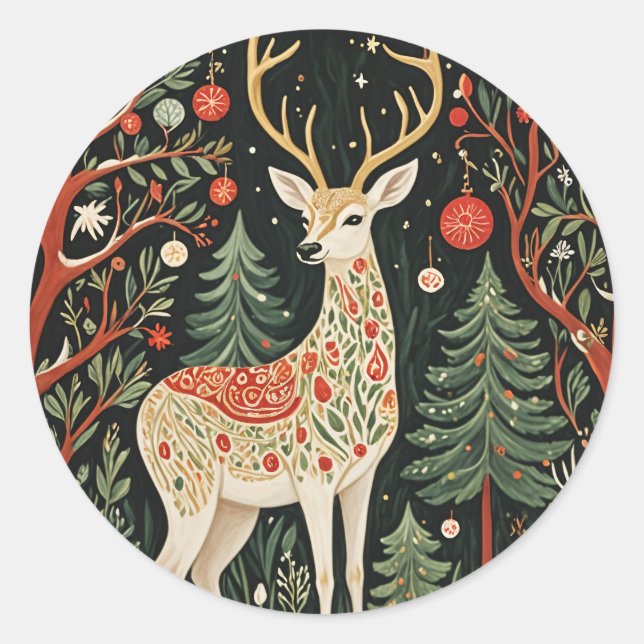 Midnight Forest Christmas Deer Runder Aufkleber (Vorderseite)