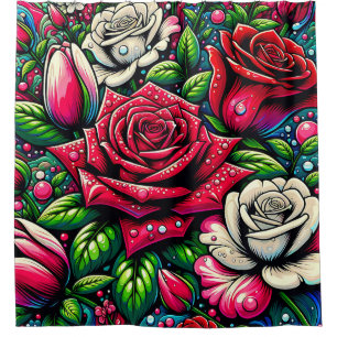 "Midnight Garden: Raindrops on Rose" Duschvorhang