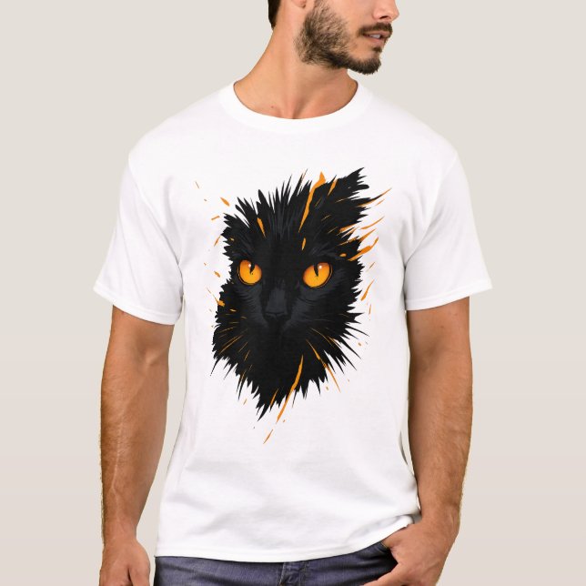 Midnight Gaze – Fiery-Eyed Black Cat Art T-Shirt (Vorderseite)