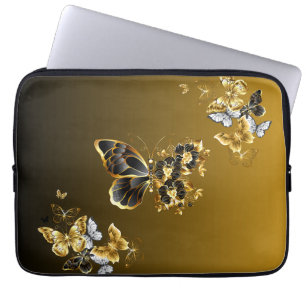 Midnight Gold Butterfly – Florale Harmonie Glow Laptopschutzhülle