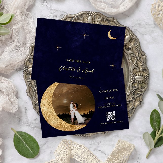 Midnight Gold Moon Stars Foto QR Code Wedding Save The Date (Von Creator hochgeladen)