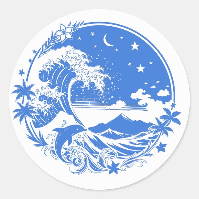 Midnight Hawaii: Wave, Dolphin & Haleakala Runder Aufkleber (Vorderseite)