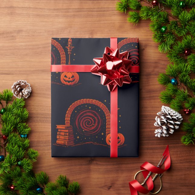 Midnight Hearth Mittelalterlich-Orange und Schwarz Geschenkpapier (Feiertagsgeschenk)