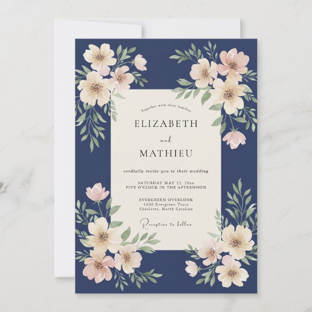Midnight Ivory Petal Hochzeit Einladung (Vorderseite)