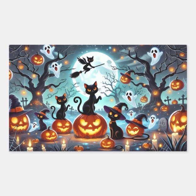 Midnight Magic: Black Cats & Pumpkins Halloween  Rechteckiger Aufkleber (Vorderseite)
