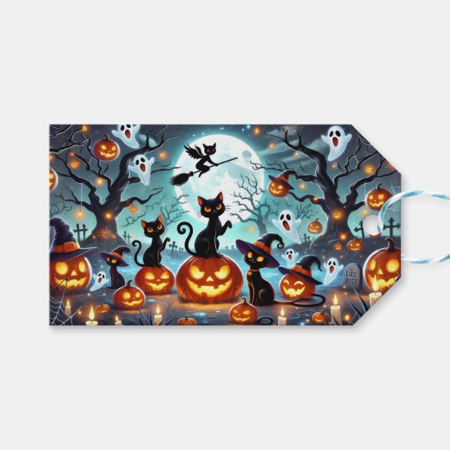 Midnight Magic: Schwarze Katzen & Kürbisse Hallowe Geschenkanhänger (Vorderseite (Horizontal))