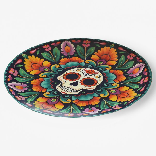 💀 🎉 Midnight Marigoldware Día de los Muertos Pappteller (Schrägansicht)