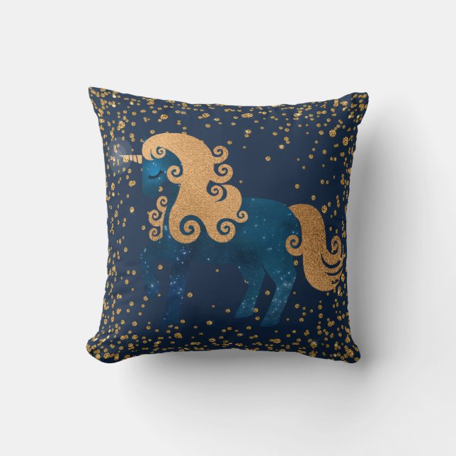 Midnight Navy Blue and Gold Unicorn mit Confetti Kissen (Vorderseite)