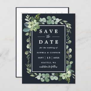 Midnight Navy Blue Succulent Wedding Save the Date Ankündigungspostkarte