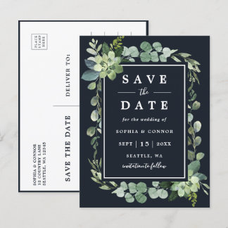 Midnight Navy Blue Succulent Wedding Save the Date Ankündigungspostkarte