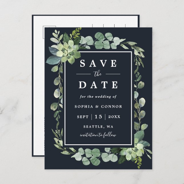Midnight Navy Blue Succulent Wedding Save the Date Ankündigungspostkarte (Vorne/Hinten)