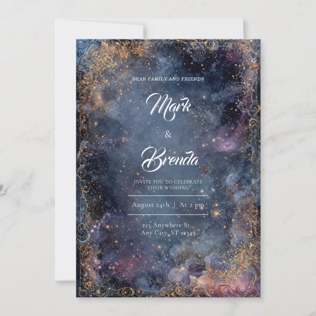 Midnight Nebula Gold Wedding Einladung (Vorderseite)