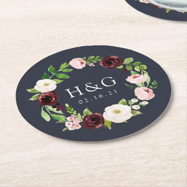 Midnight Romance Wedding Monogram & Date Runder Pappuntersetzer (Angewinkelt)