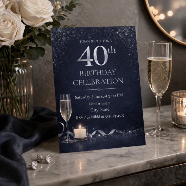 Midnight Silver 40th Glow Invitation Einladung (Midnight navy and silver shimmer set the tone for a refined 40th birthday evening)