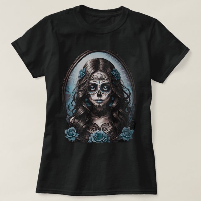 Midnight Sugar Skull Women's Tee - Blue & Teal (Design vorne)
