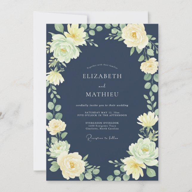 Midnight Yellow Petal Hochzeit Einladung (Vorderseite)