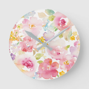 Midsummer   Watercolor Pink Floral Runde Wanduhr