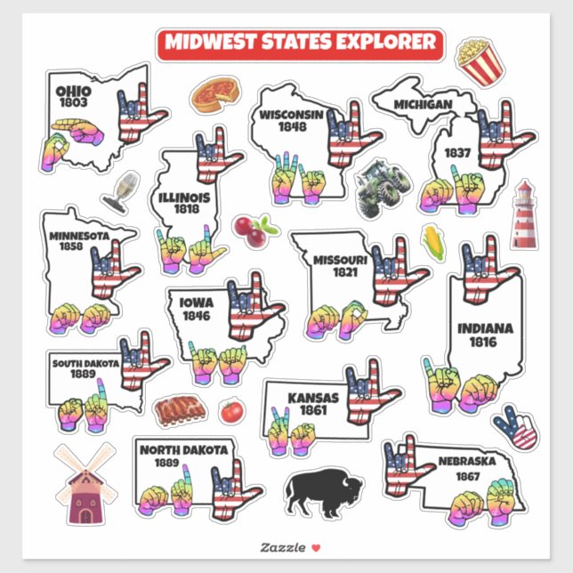 Midwest Learning Map – ASL & State Symbols Aufkleber (Blatt)