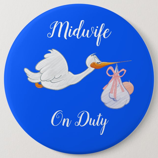 Midwife On Duty Bird With Baby Blue And White Button (Vorderseite)
