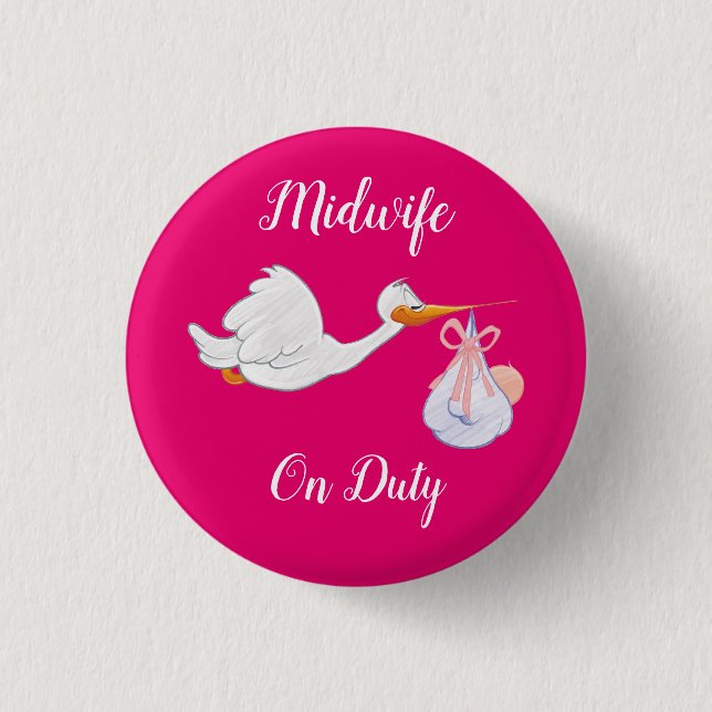 Midwife On Duty Bird With Baby Fuchsia And White Button (Vorderseite)