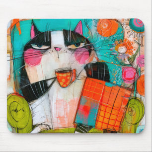 Miesepetrige Katze trinkt Kaffee im Sessel Mousepad
