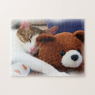 Miezekatze, die mit Teddybären schläft Puzzle