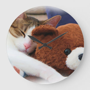 Miezekatze mit Teddybären Große Wanduhr