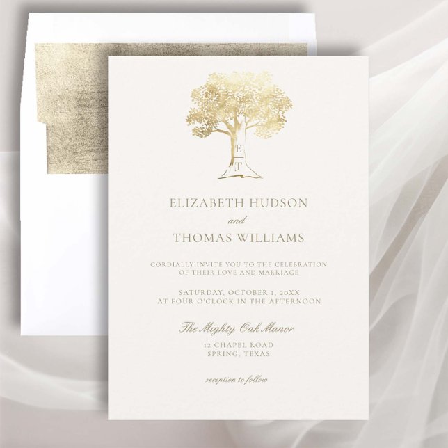 Mighty Oak Imitate Gold Monogramme feierliche Hoch Einladung (golden oak tree wedding invitation fall autumn carved tree rustic formal traditional elegant classic)