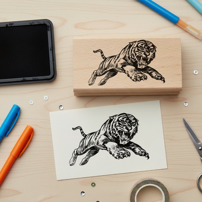 Mighty Tiger Wooden Art Stamp Gummistempel (Mighty roaring tiger wooden art stamp.)