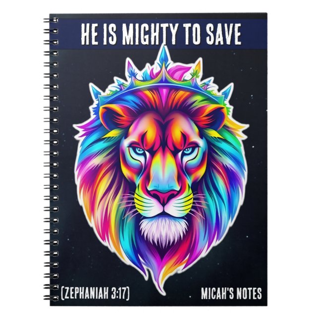 Mighty to Rett - Custom Notebook Bible Verse Lion Notizblock (Vorderseite)
