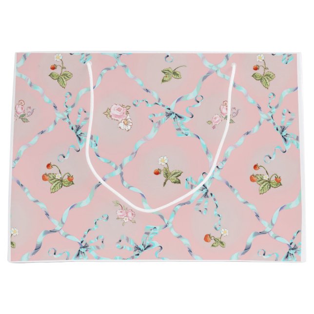 Mignonette Strawberries Ribbon Trellis Blush Pink Große Geschenktüte (Vorderseite)