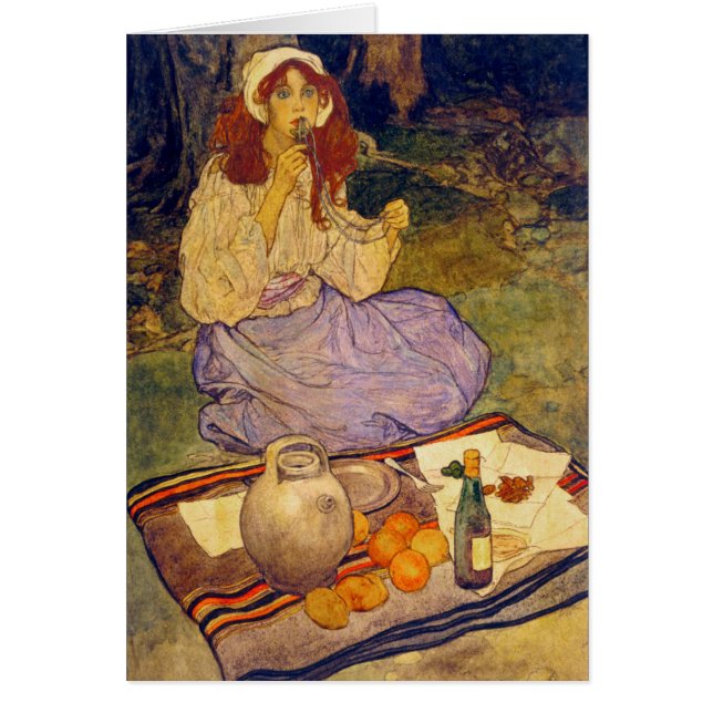 Miguela, immer noch kniend, legt es auf ihre Lippe (Vorne)