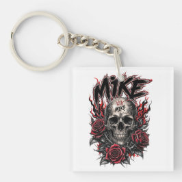 Mike Gothic-Totenschädel mit roten Rosen und Flamm Schlüsselanhänger
