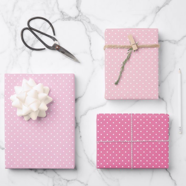 Mikro-Polka-Dot-Weiß - 3 Rosa Geschenkpapier Set (Vorderseite)