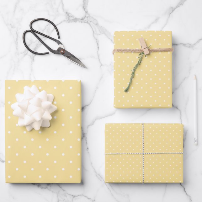 Mikro-Polka-Dot-Weiß - Kanariengelb Geschenkpapier Set (Vorderseite)